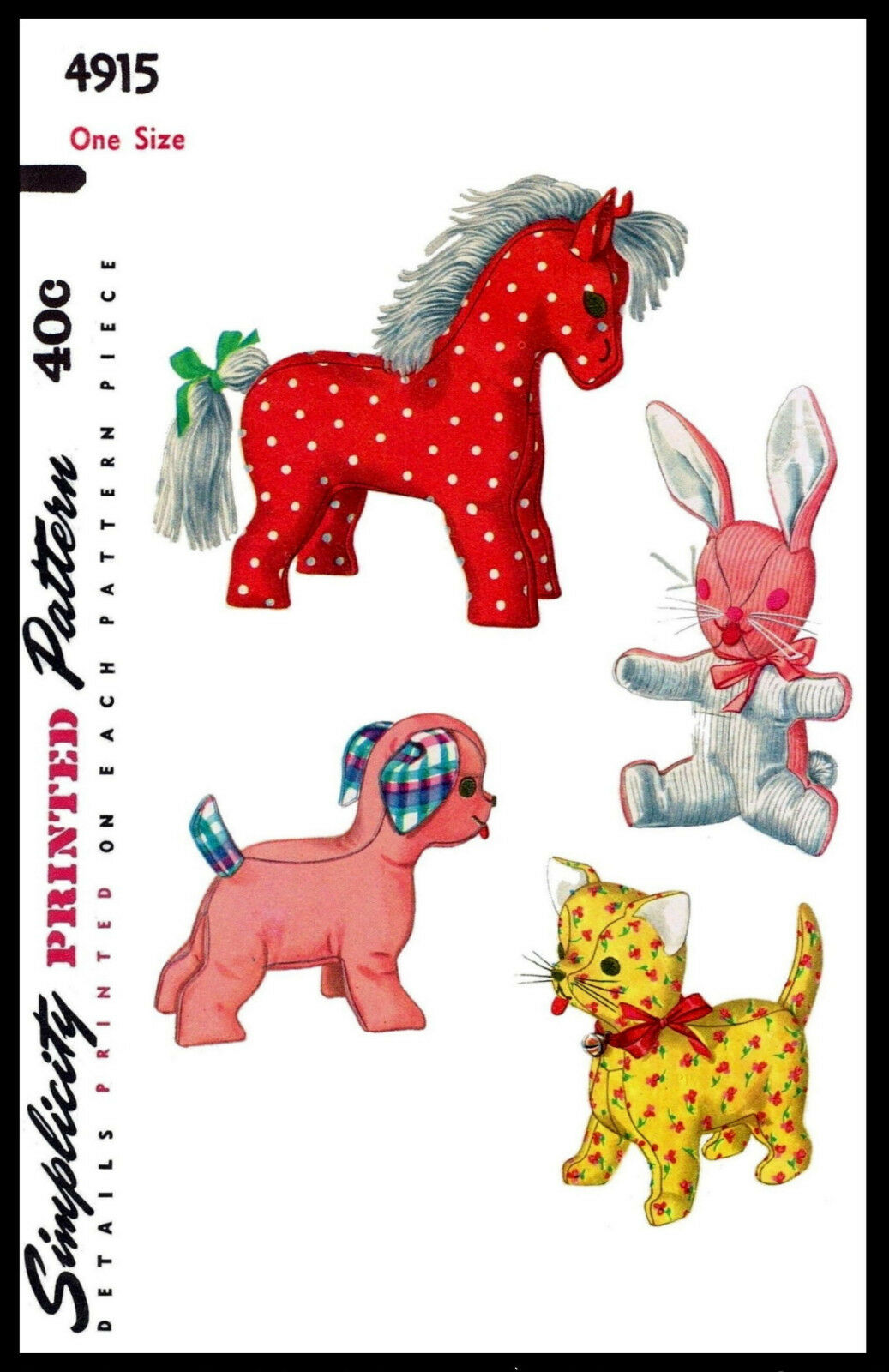 Stuffed Animal Dog Cat Rabbit Horse Toy Simplicity 4915 Vtg Craft Fabric Pattern