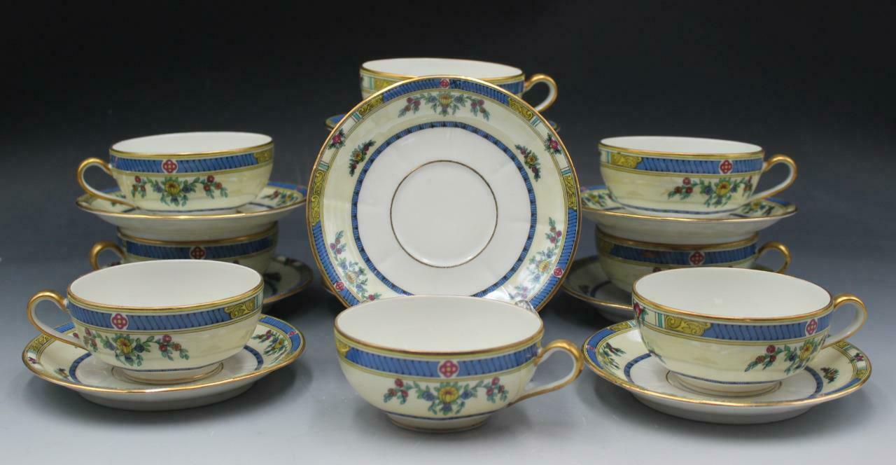 1930 French Limoges Jean Pouyat Set 10 Teacups & Saucers Blue Yellow Edge Gilt