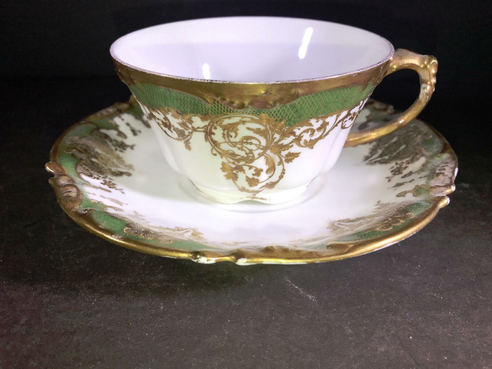 K) Limoges France Jean Pouyat 1/23/06 C-5541 Cup And Saucer Green Gold
