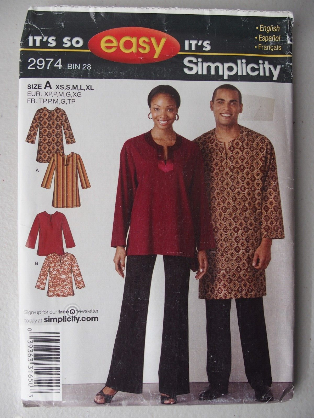 Simplicity 2974 Easy Unisex Miss Men Teen Tunic Shirt Xs-xl Sewing Pattern