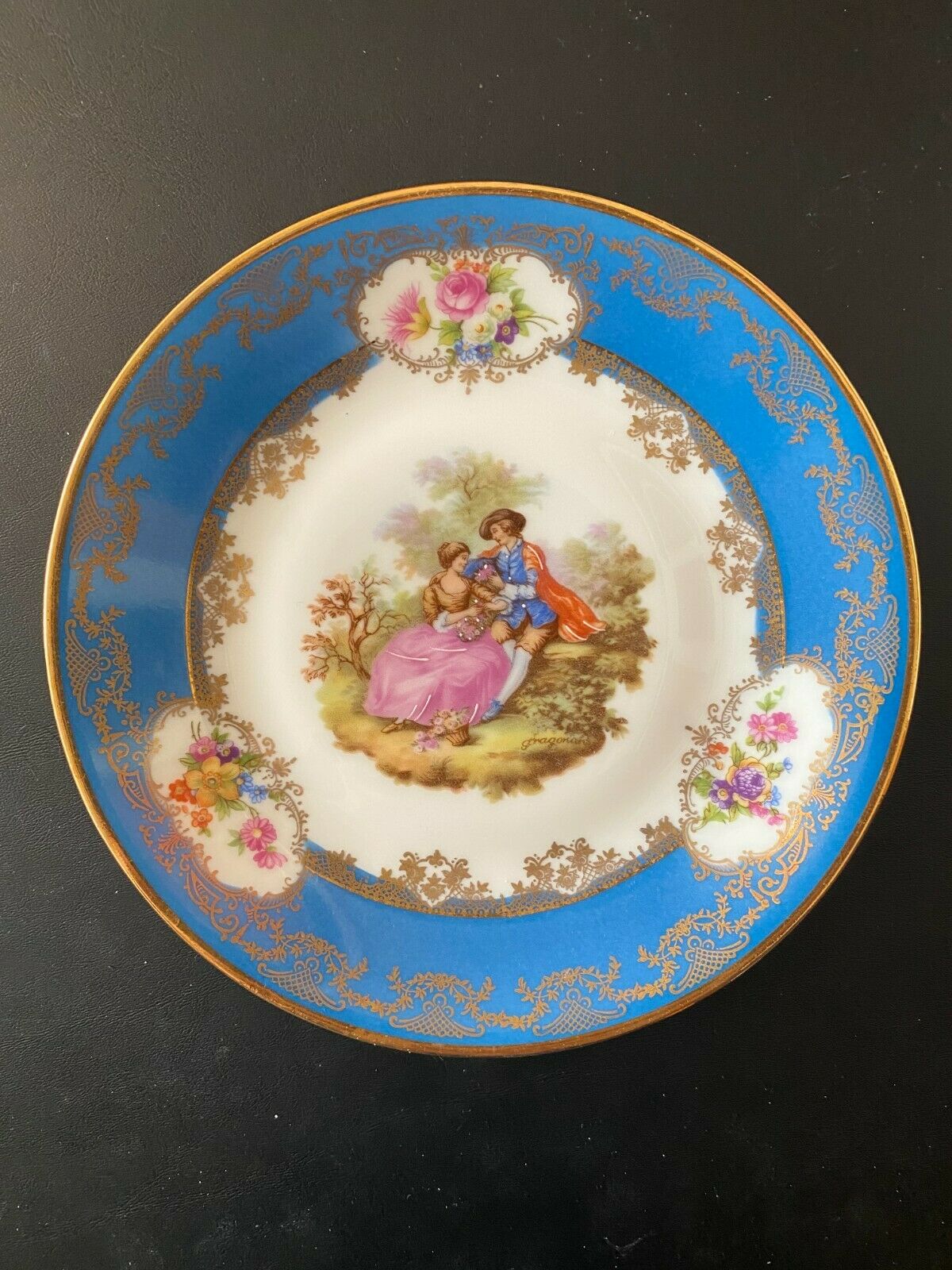 Limoges Porcelaine France Enlumine Main Portrait Victorian Couple Floral Plate