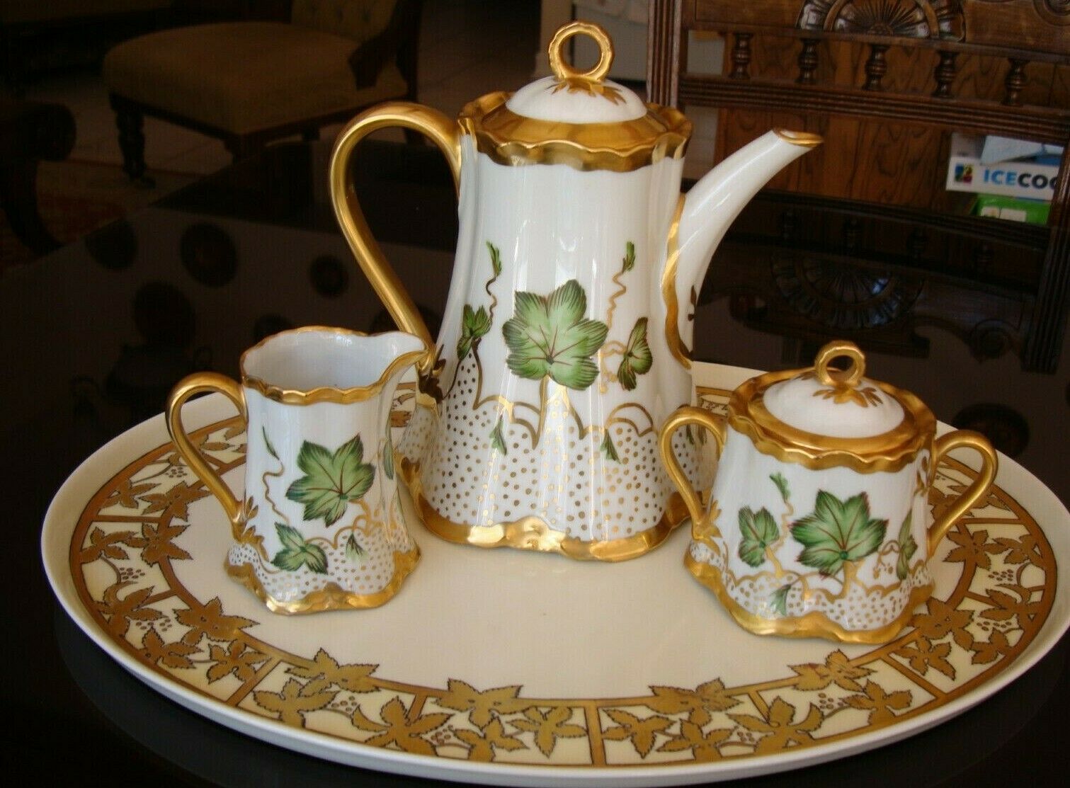 Hand Painted Haviland Tray Germany Tea Coffee Set Pot Sugar & Creamer, Ivy& Gold
